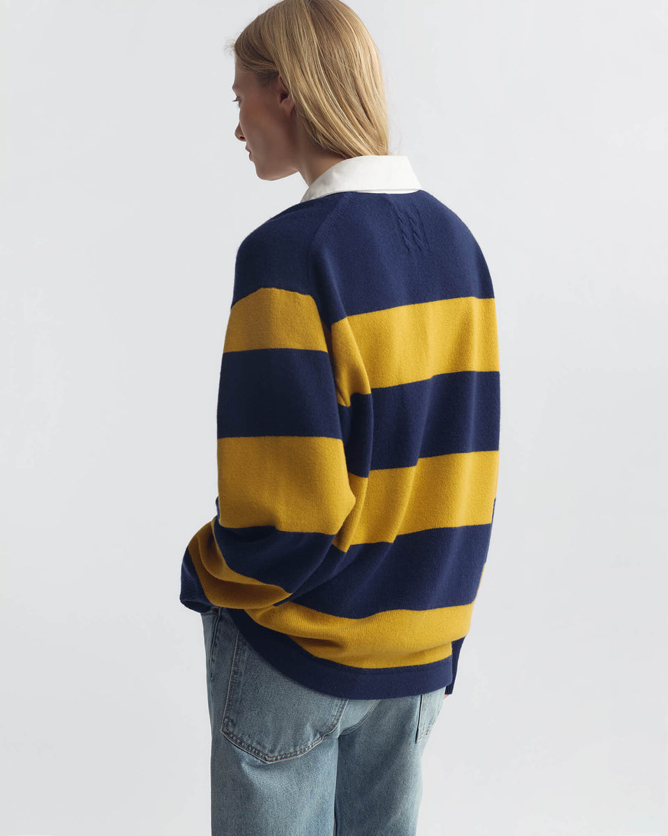 RASHIDA RUGBY SWEATER IN NAVY/AMBER STRIPE