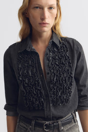 EMILIE DENIM RUFFLE SHIRT IN FADED BLACK WASH