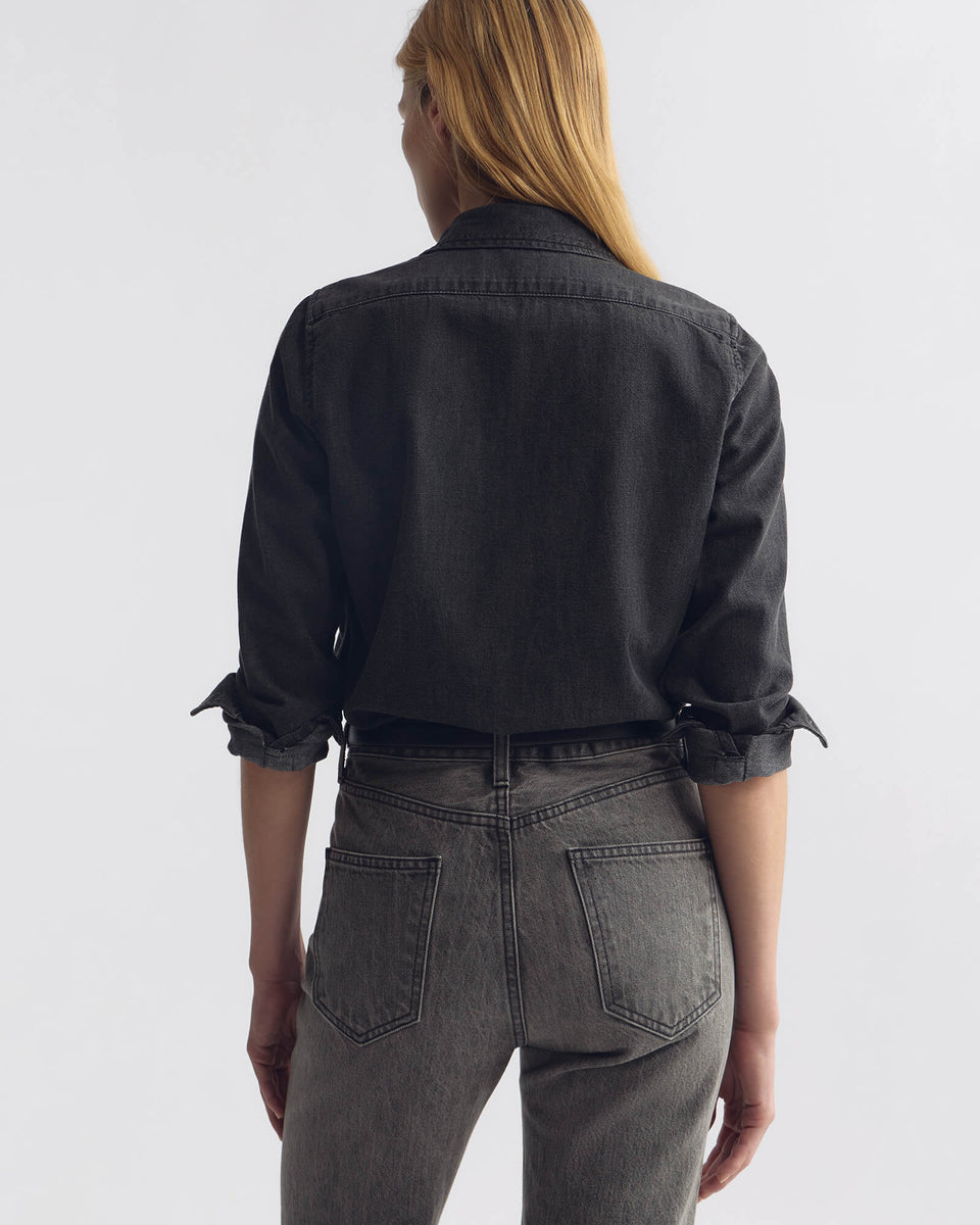 EMILIE DENIM RUFFLE SHIRT IN FADED BLACK WASH
