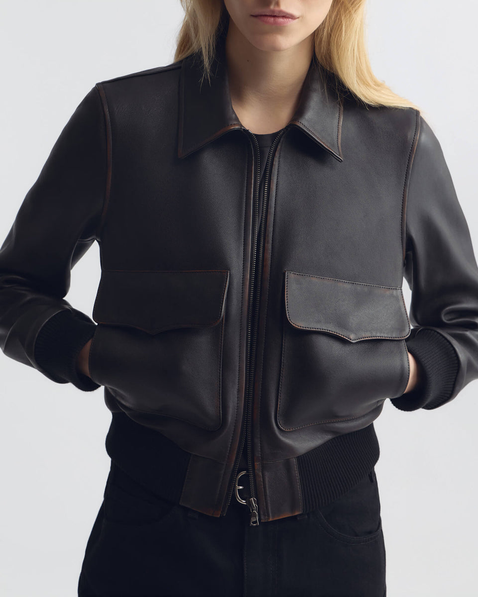 REDLEY LEATHER BOMBER JACKET IN DISTRESSED BLACK