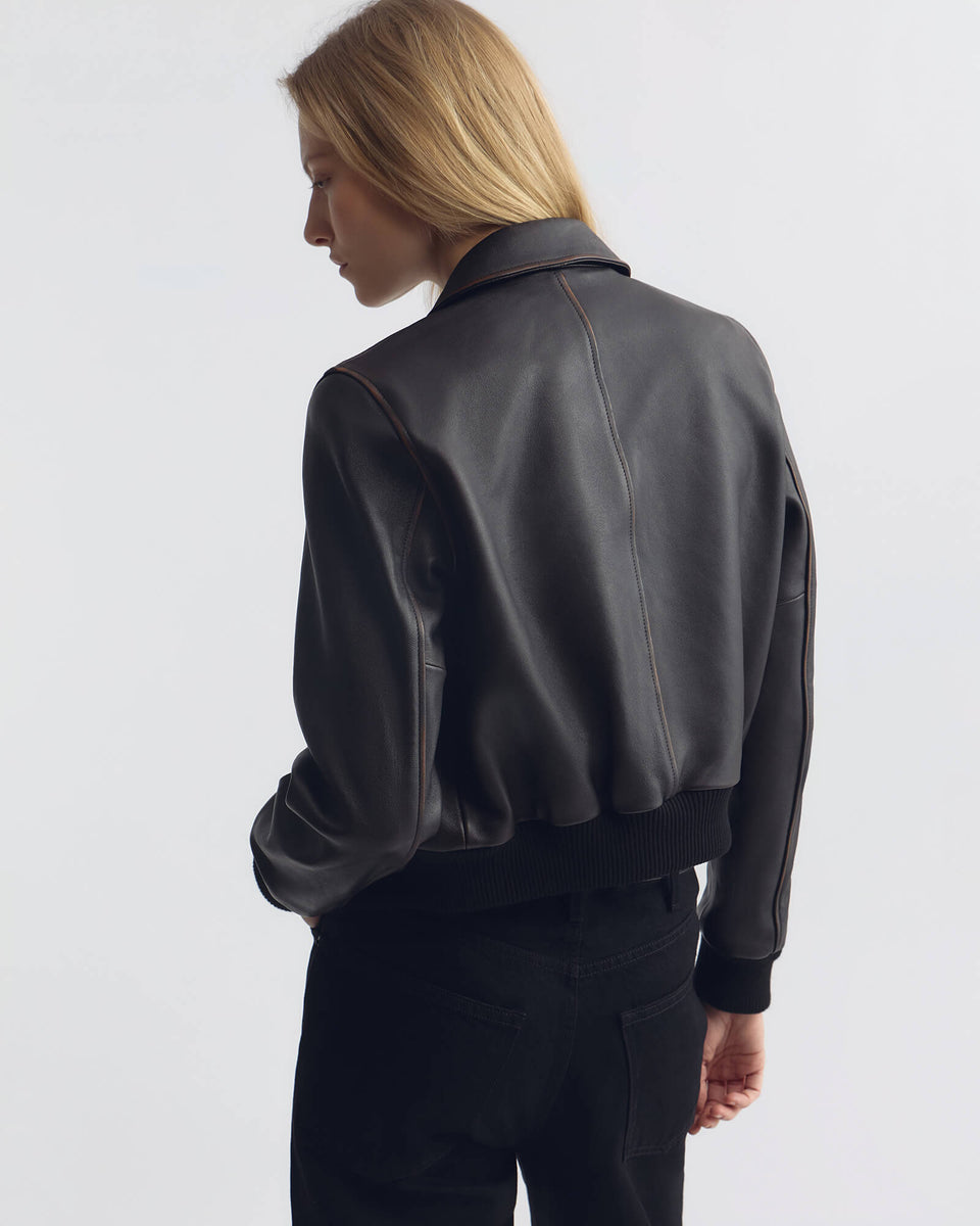 REDLEY LEATHER BOMBER JACKET IN DISTRESSED BLACK