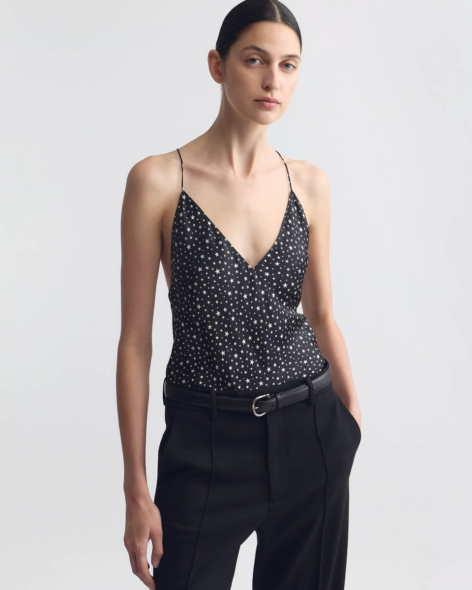 EMILE SILK CAMI TOP IN BLACK/IVORY STAR