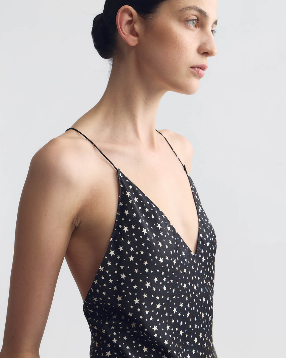 EMILE SILK CAMI TOP IN BLACK/IVORY STAR