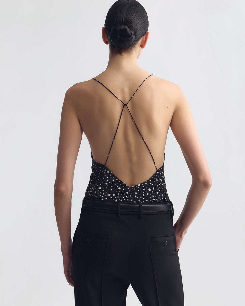 EMILE SILK CAMI TOP IN BLACK/IVORY STAR