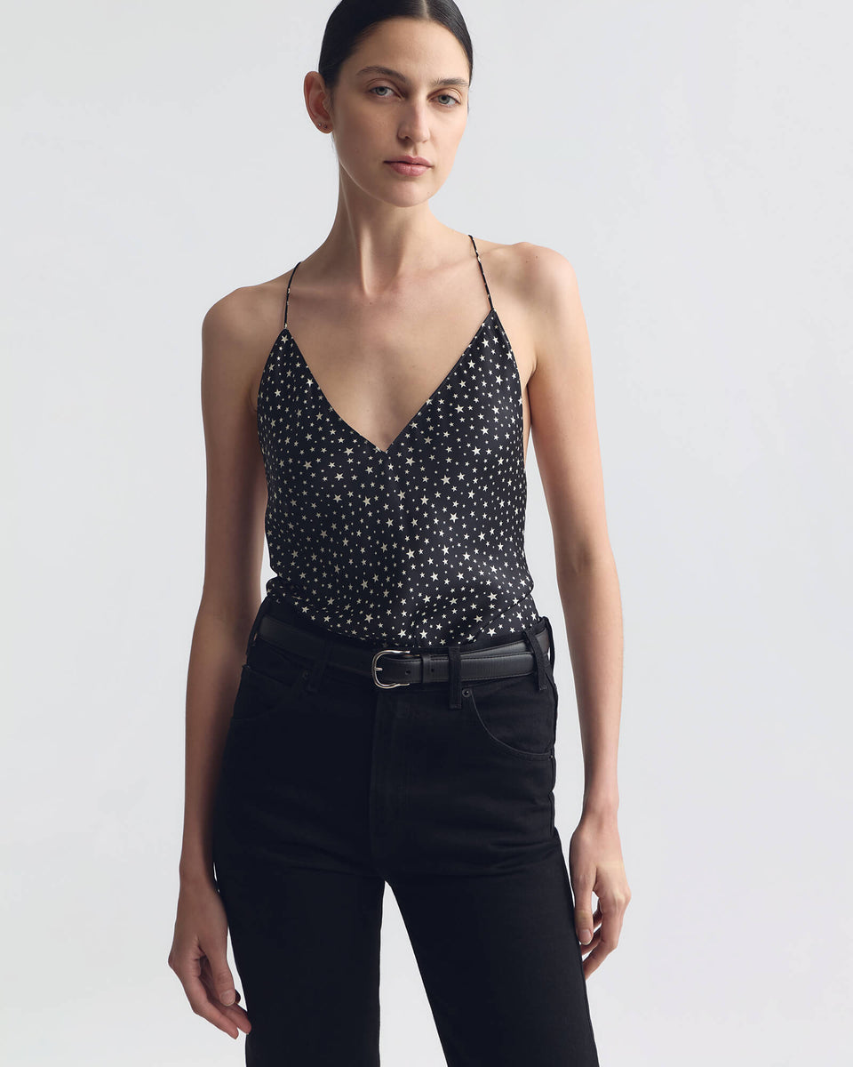 EMILE SILK CAMI TOP IN BLACK/IVORY STAR