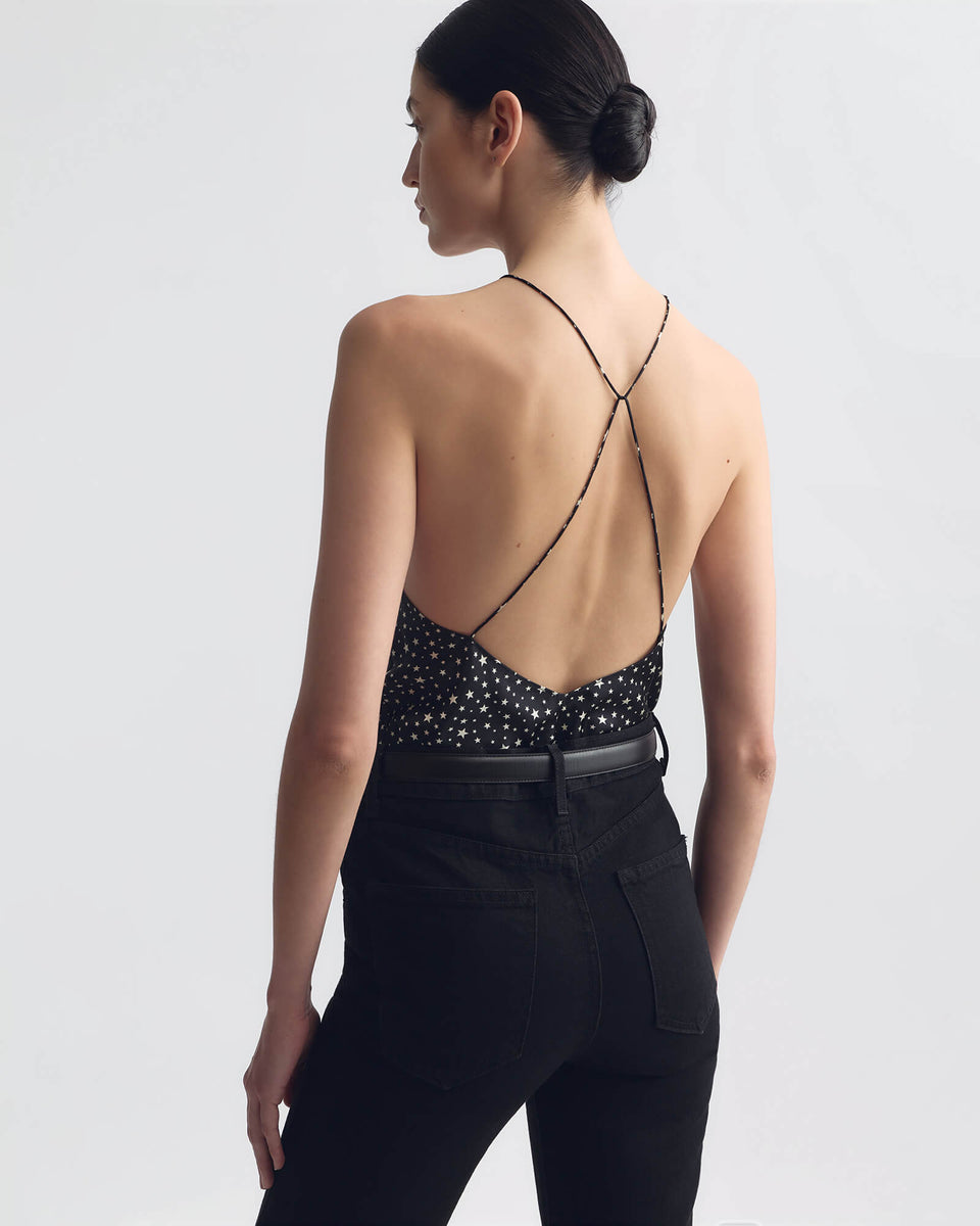 EMILE SILK CAMI TOP IN BLACK/IVORY STAR