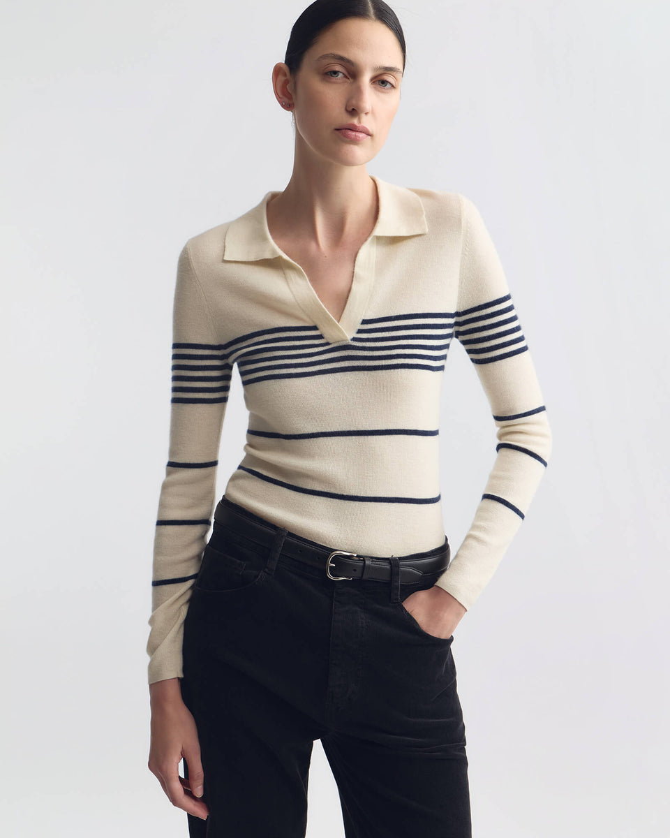 LUCILLE STRIPE CASHMERE POLO IN IVORY/NAVY STRIPE
