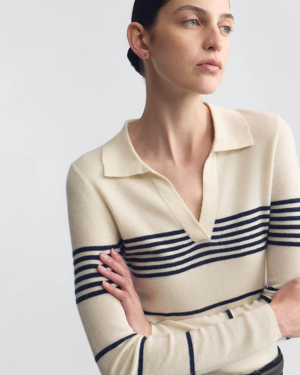 LUCILLE STRIPE CASHMERE POLO IN IVORY/NAVY STRIPE