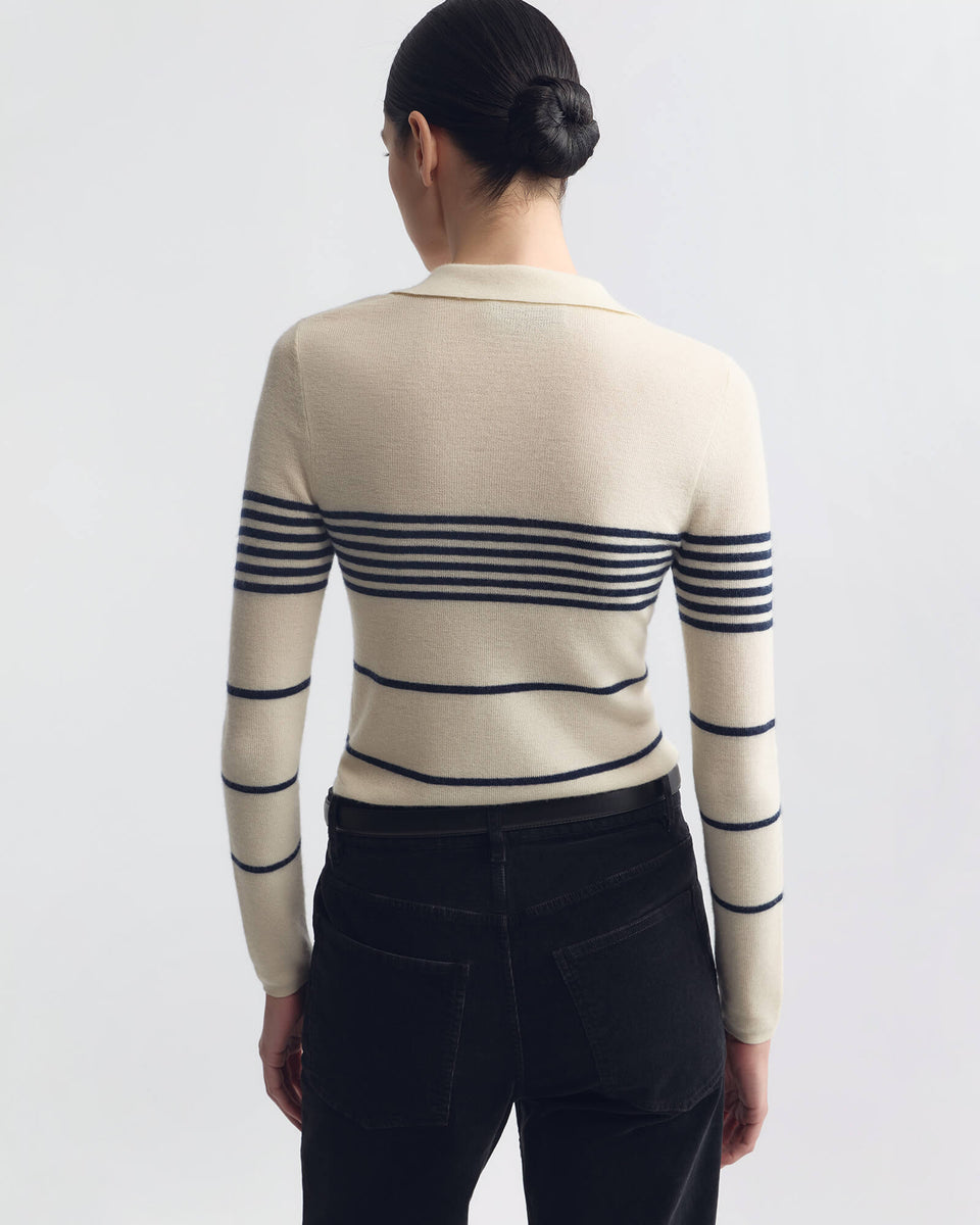 LUCILLE STRIPE CASHMERE POLO IN IVORY/NAVY STRIPE