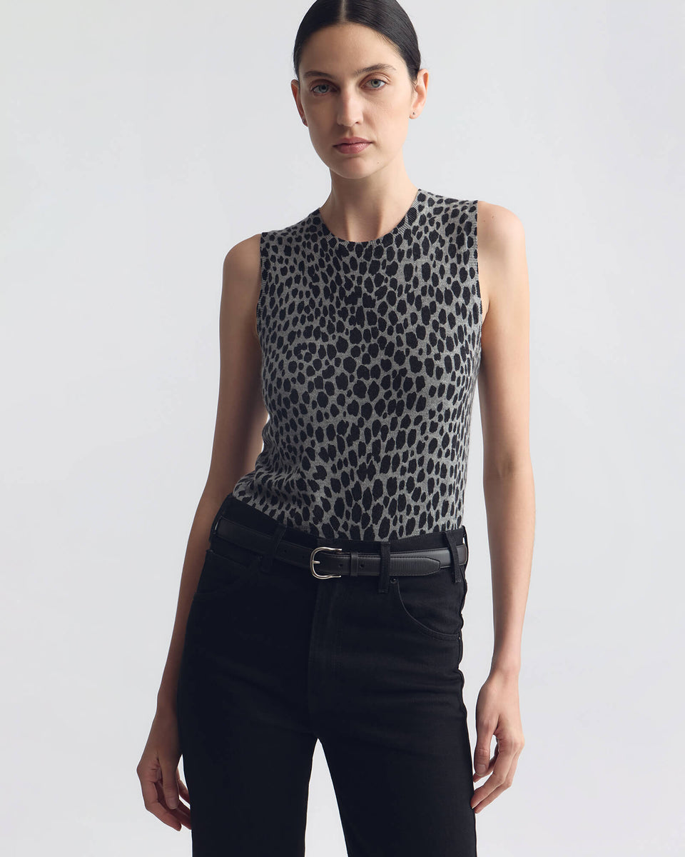 NESSA SWEATER TANK IN PEBBLE GREY HEATHER/BLACK CHEETAH