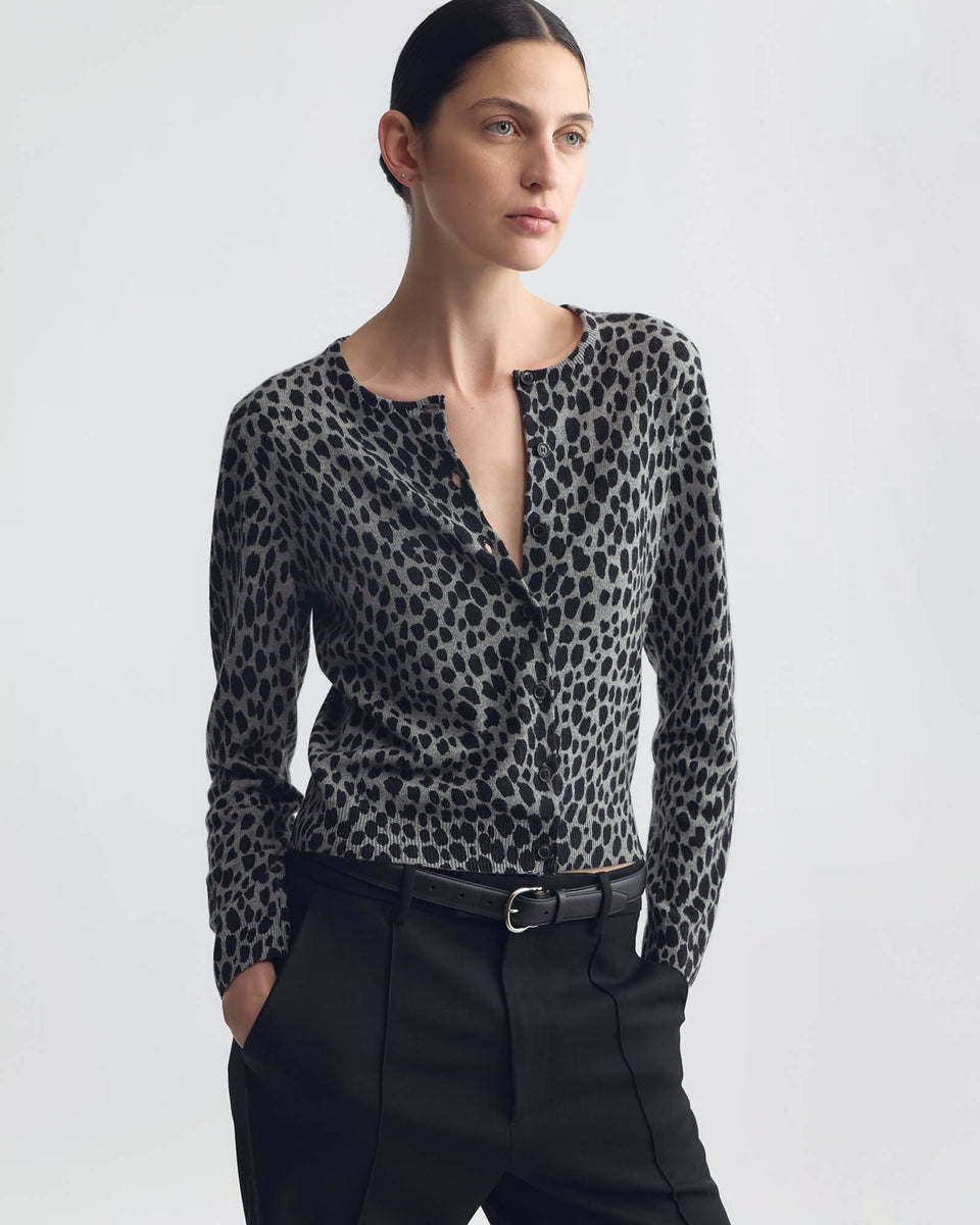 KEELAH CASHMERE CARDIGAN IN PEBBLE GREY HEATHER/BLACK CHEETAH
