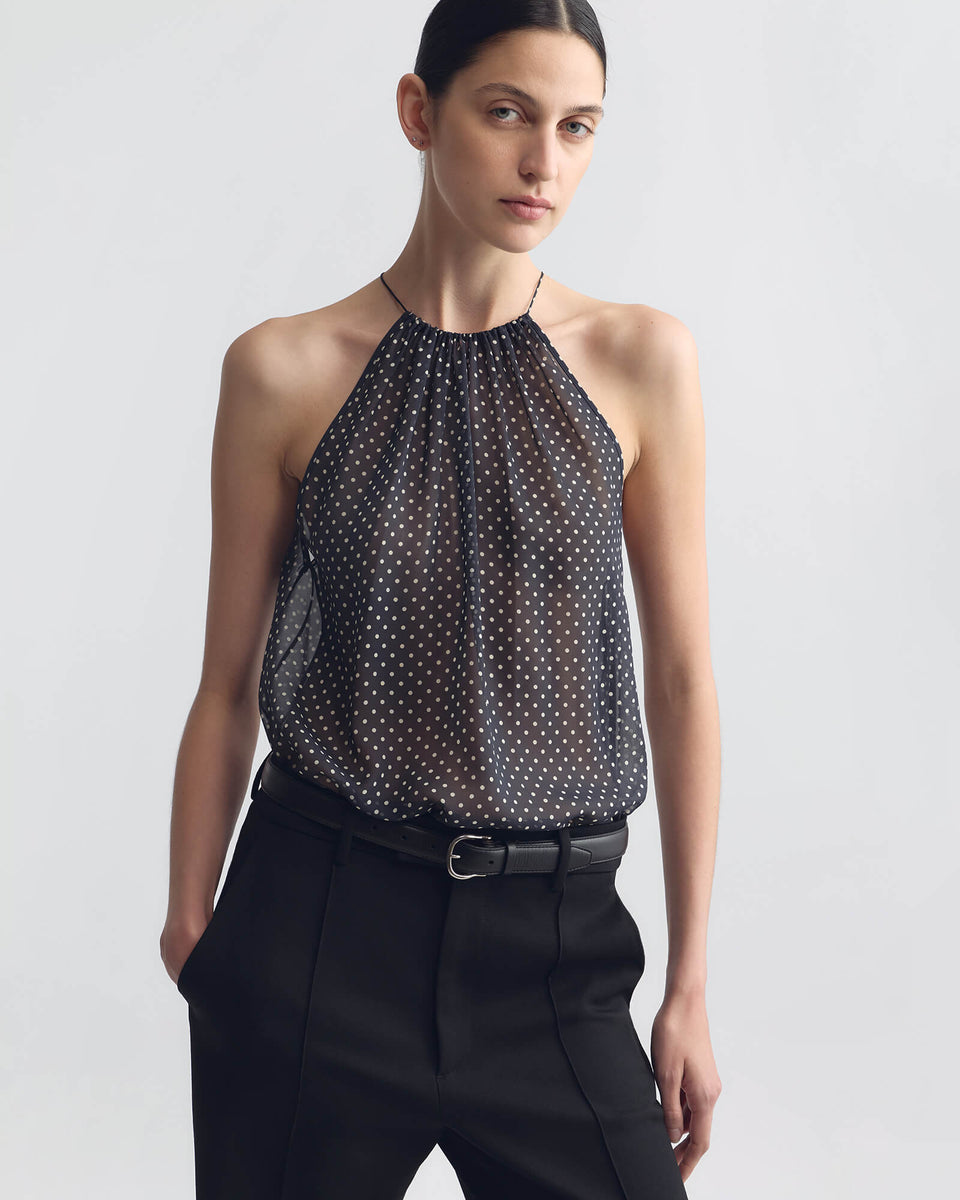 NIKKI HALTERNECK SILK TOP IN OBSIDIAN / IVORY POLKA DOT
