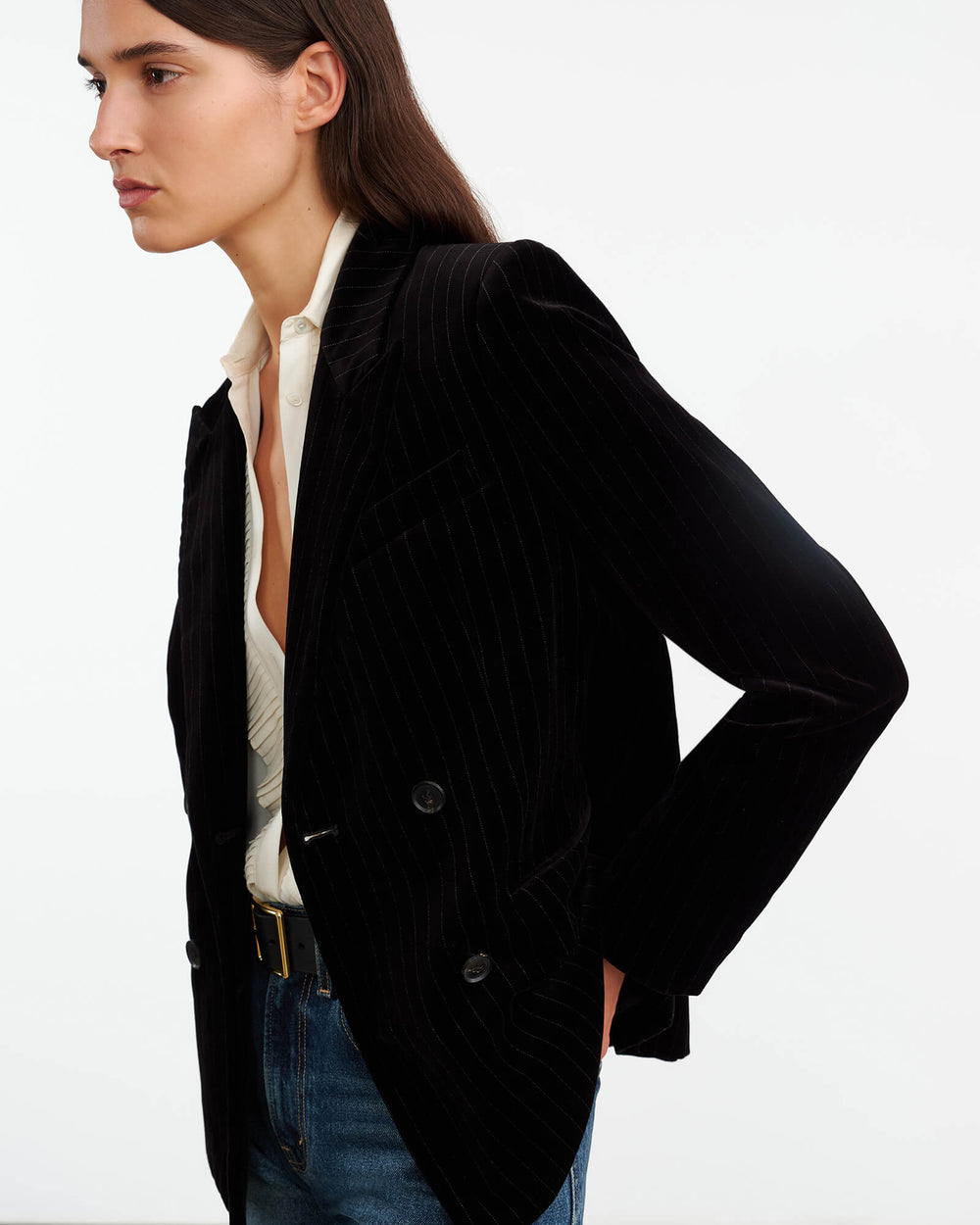 VEDA VELVET JACKET IN BLACK PINSTRIPE