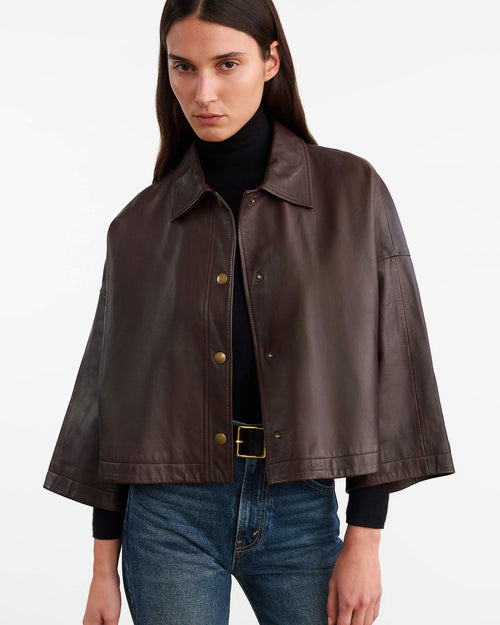 INES LEATHER JACKET IN DARK BROWN