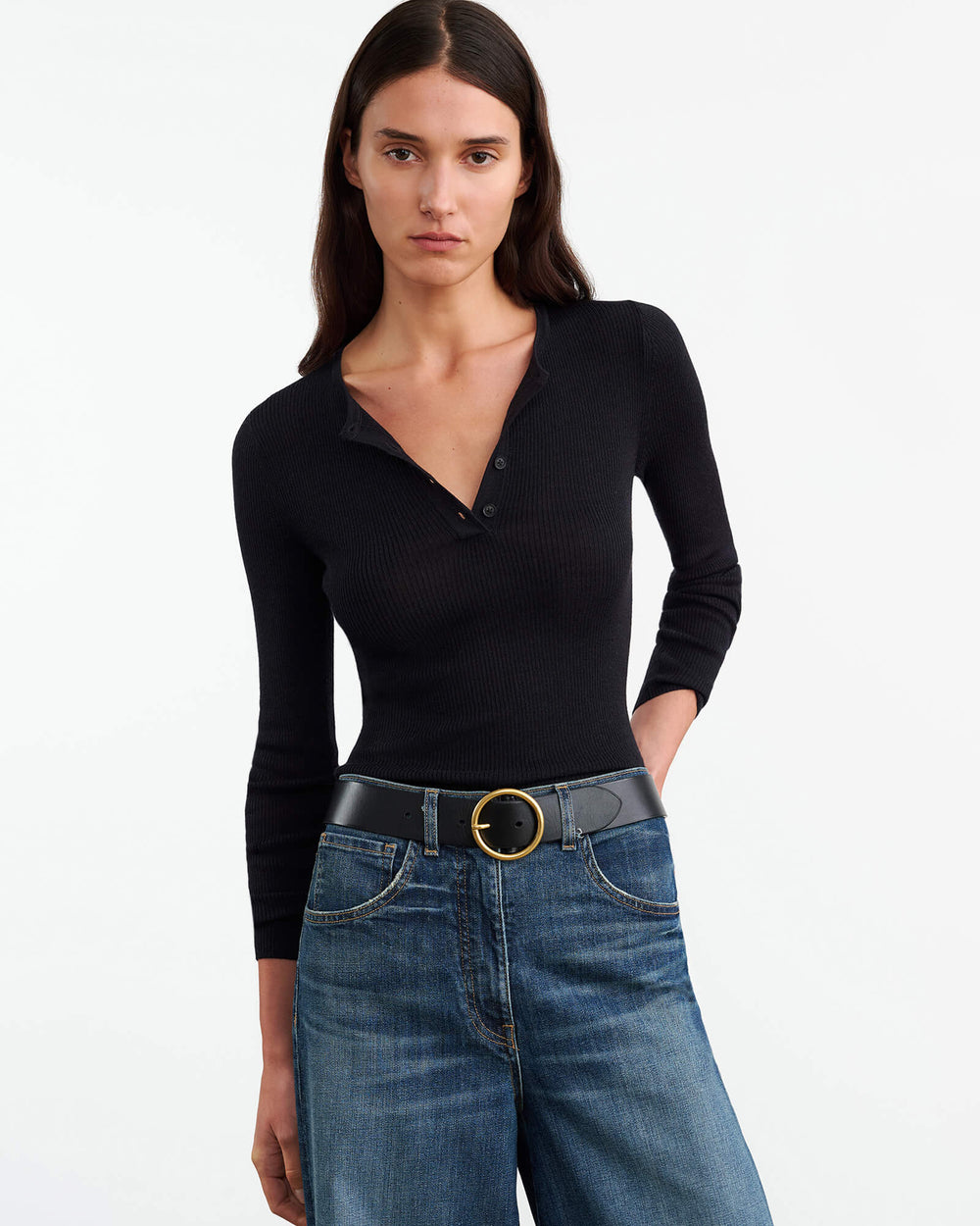 KLARISE HENLEY KNIT IN BLACK