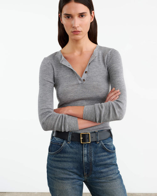 KLARISE HENLEY KNIT IN MEDIUM GREY MELANGE
