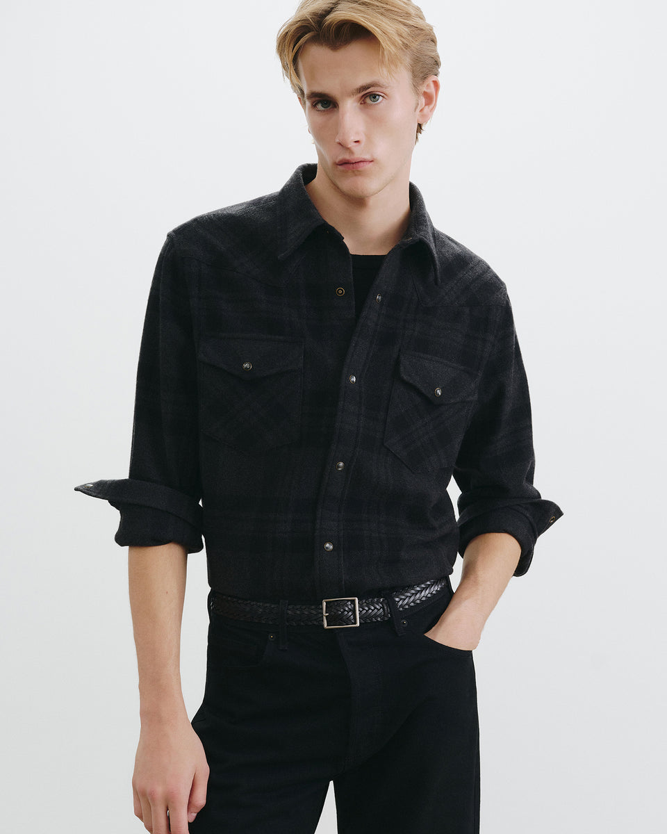 TRAVIS CASHMERE BUTTON UP IN ANTHRACITE TARTAN