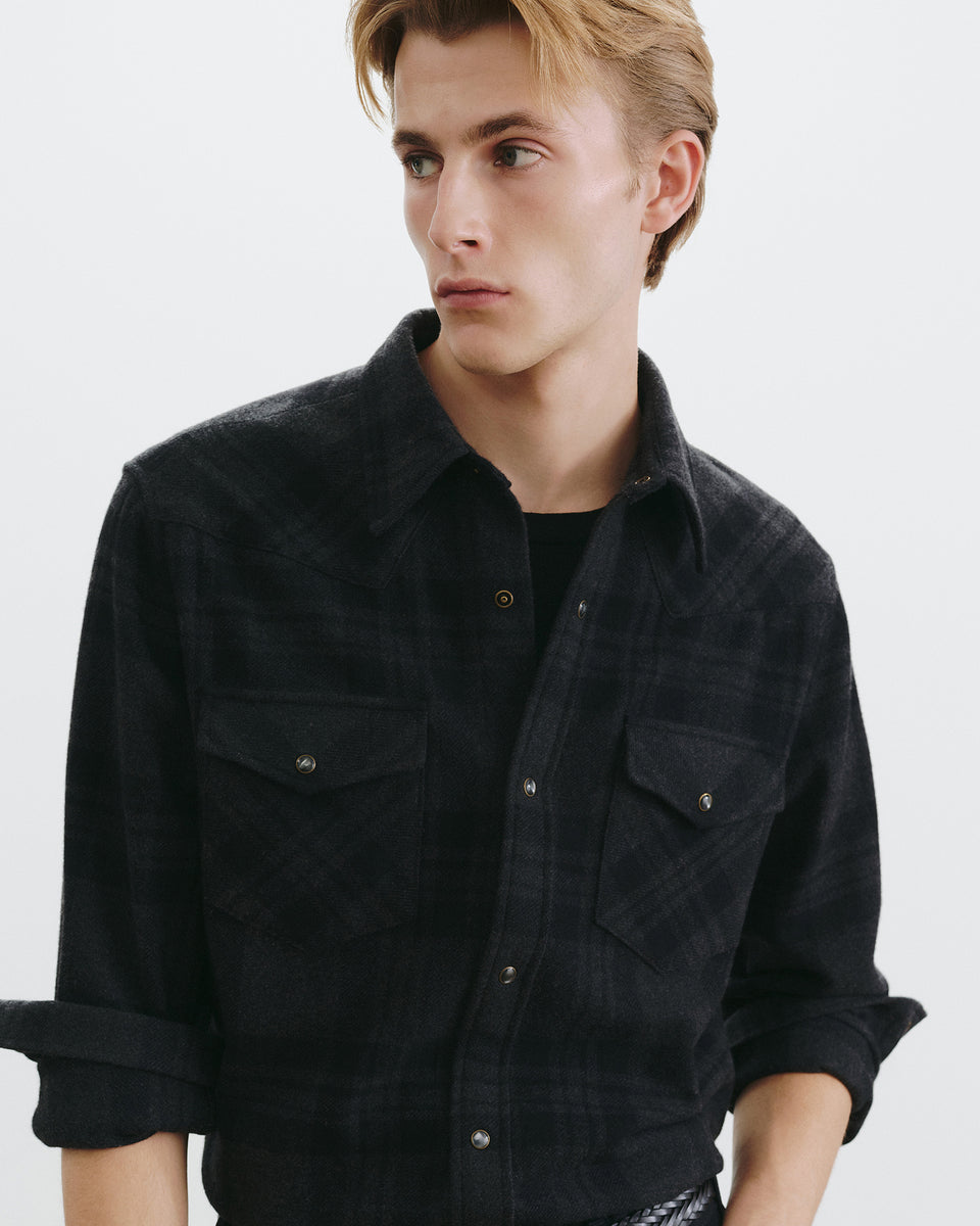 TRAVIS CASHMERE BUTTON UP IN ANTHRACITE TARTAN
