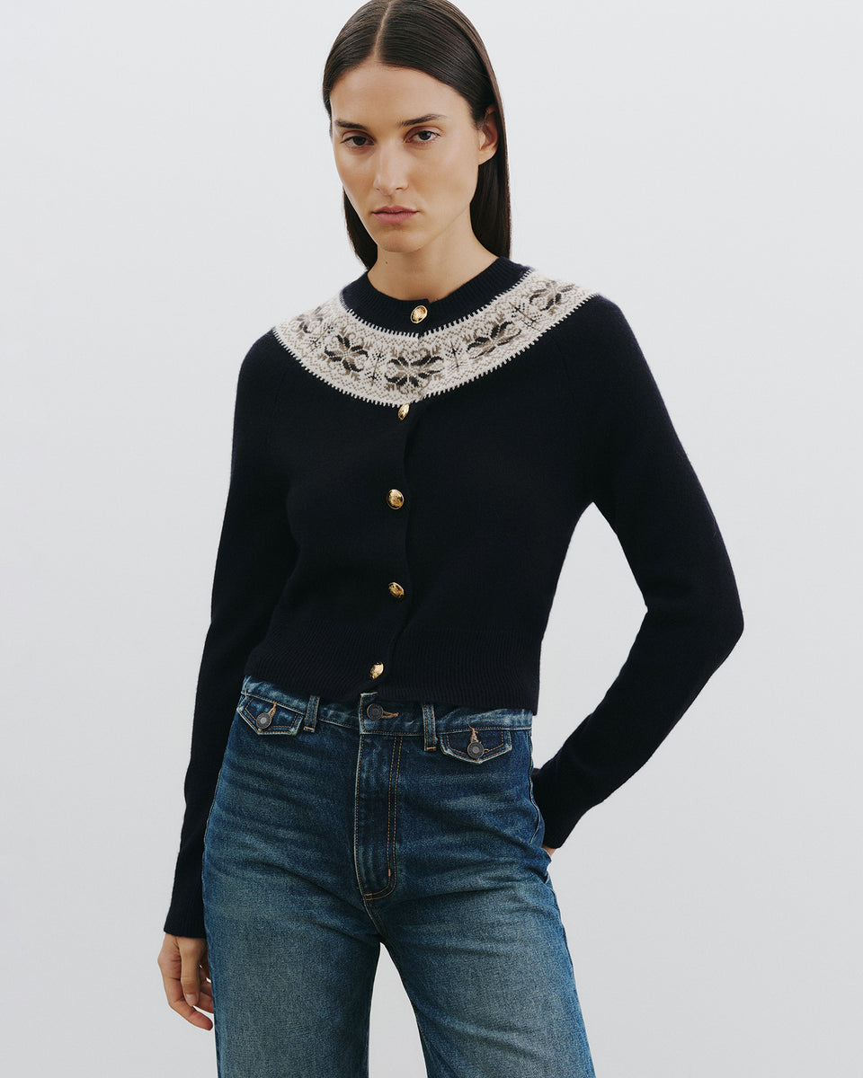JOSEFA CASHMERE CARDIGAN IN DARK NAVY FAIR ISLE
