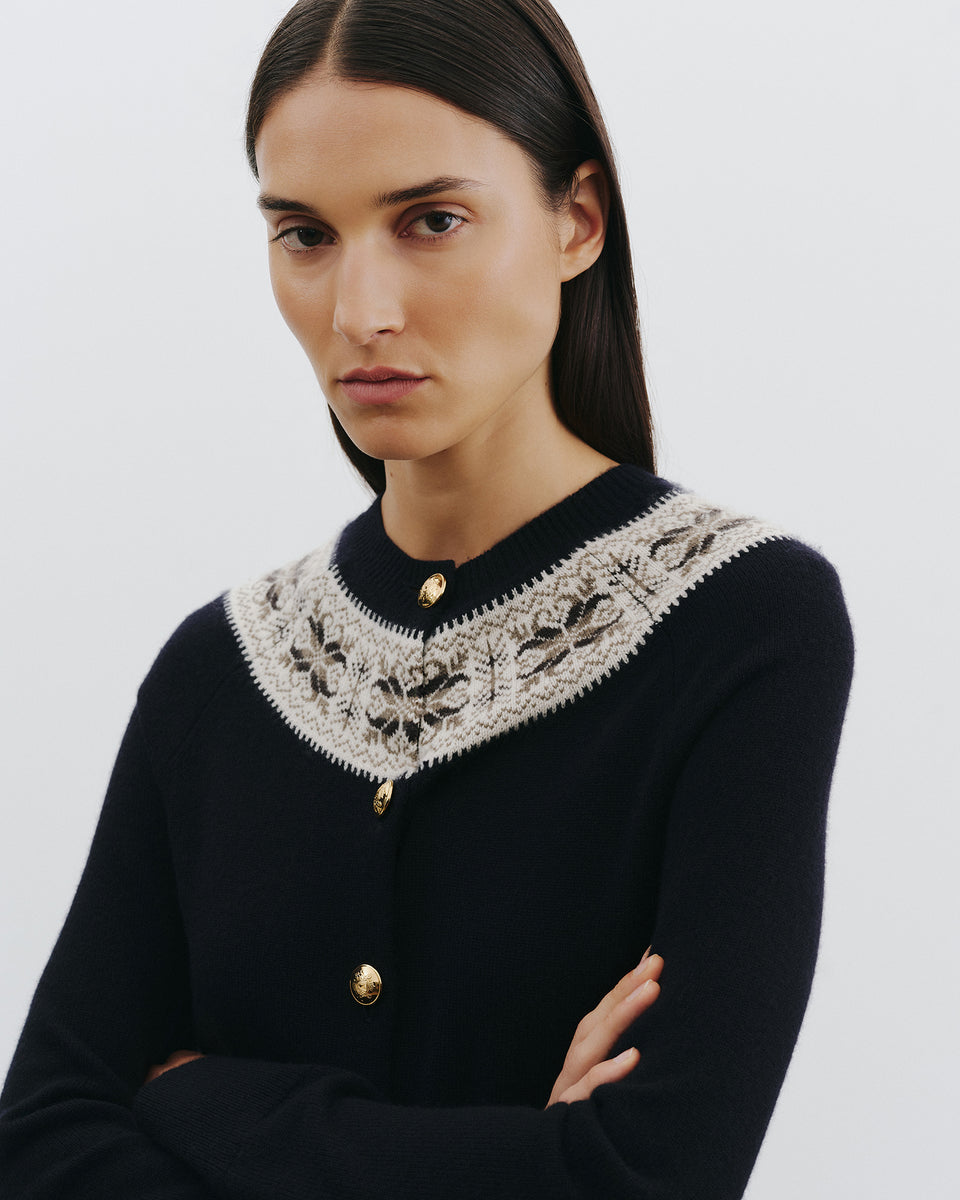JOSEFA CASHMERE CARDIGAN IN DARK NAVY FAIR ISLE