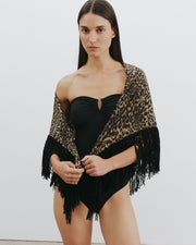 SHAWL SILK FRINGED SCARF IN VINTAGE LEOPARD PRINT
