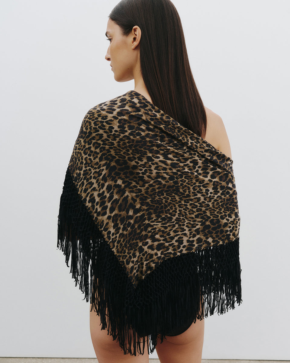 SHAWL SILK FRINGED SCARF IN VINTAGE LEOPARD PRINT