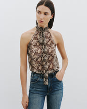 ALLA SILK HALTERNECK TOP IN STONE/BROWN SNAKE PRINT