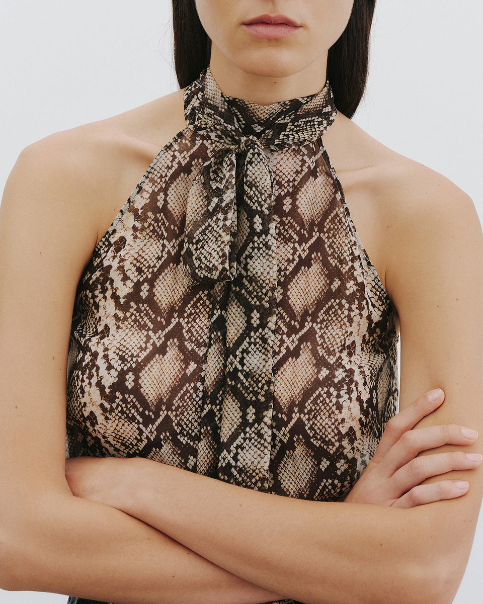 ALLA SILK HALTERNECK TOP IN STONE/BROWN SNAKE PRINT