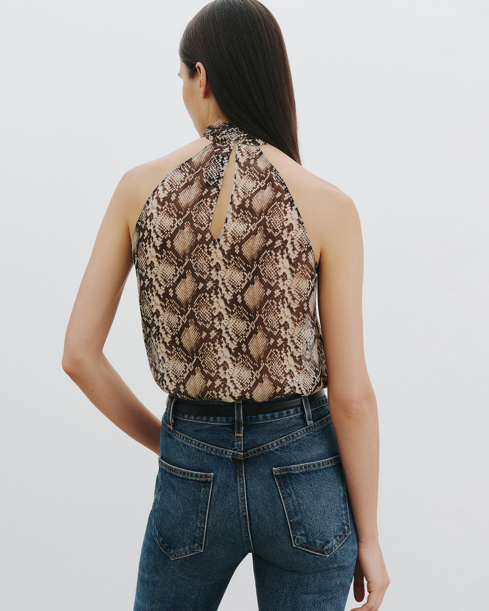 ALLA SILK HALTERNECK TOP IN STONE/BROWN SNAKE PRINT