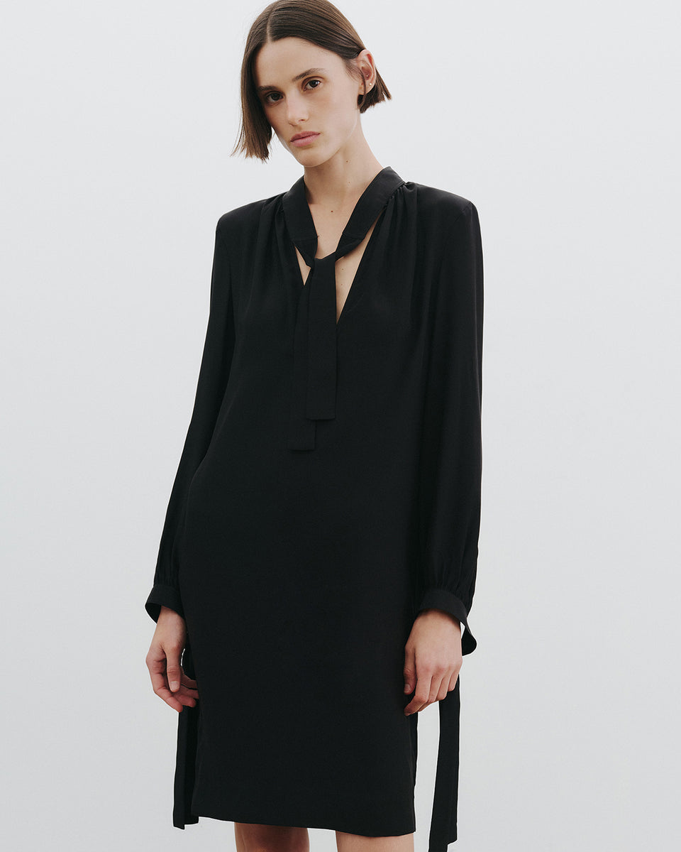 VADA TIE NECK SILK DRESS IN BLACK