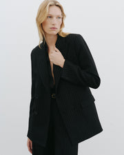 WESTON DOUBLE BREASTED WOOL BLAZER IN BLACK PINSTRIPE