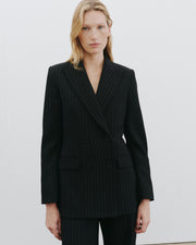 WESTON DOUBLE BREASTED WOOL BLAZER IN BLACK PINSTRIPE