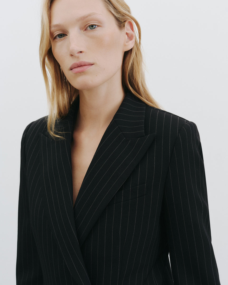 WESTON DOUBLE BREASTED WOOL BLAZER IN BLACK PINSTRIPE