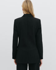 WESTON DOUBLE BREASTED WOOL BLAZER IN BLACK PINSTRIPE