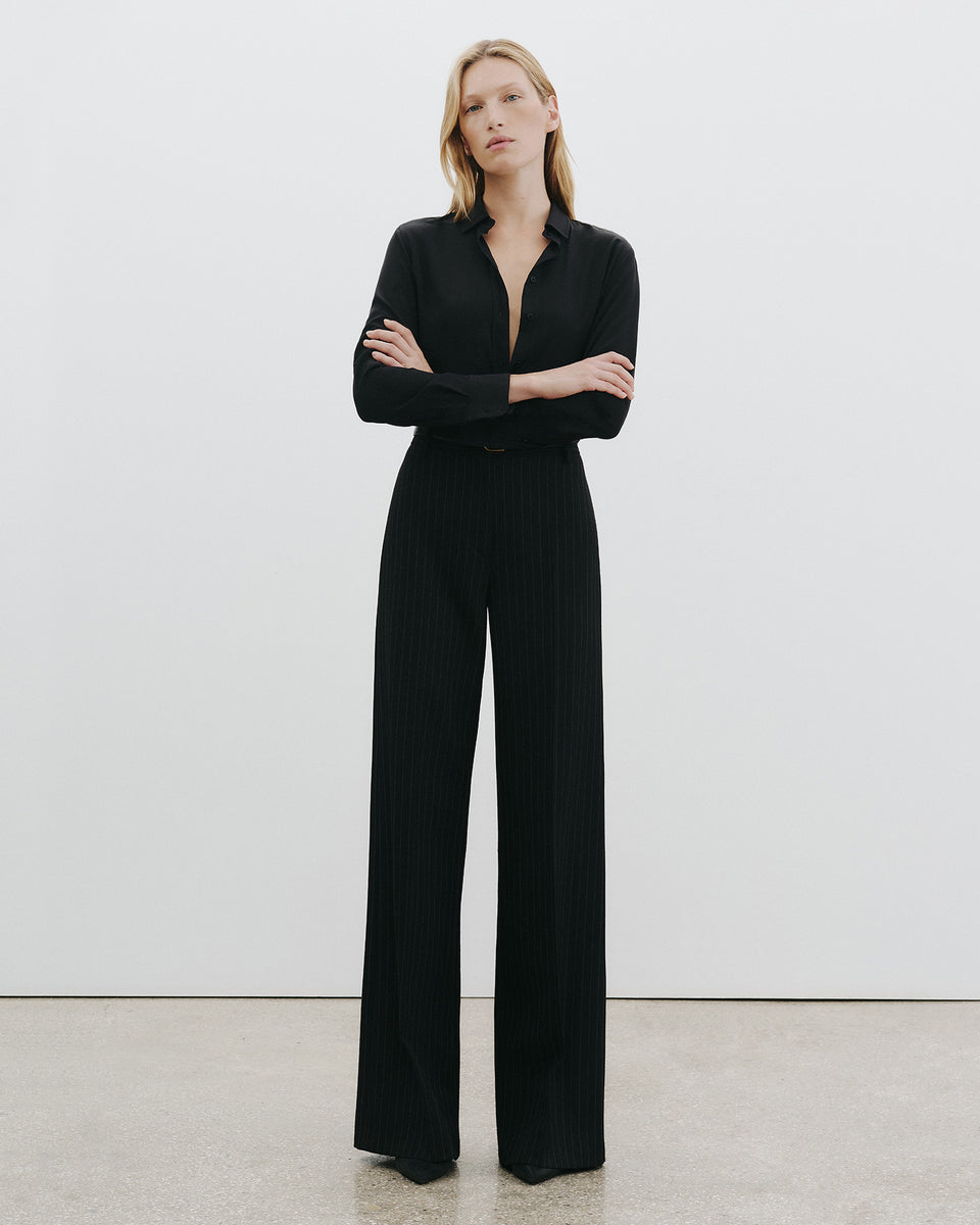 RIVERS WOOL PANT IN BLACK PINSTRIPE