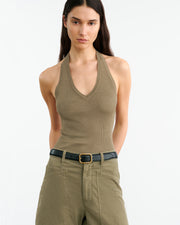 IVEY SILK HALTER IN MILITARY GREEN