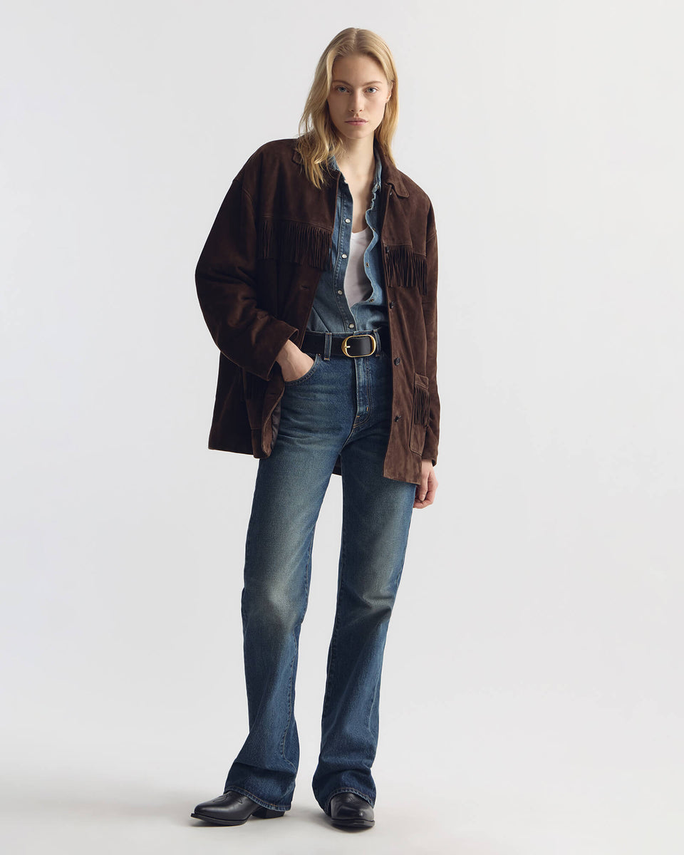 FOUDRE FRINGE SUEDE JACKET IN DARK BROWN