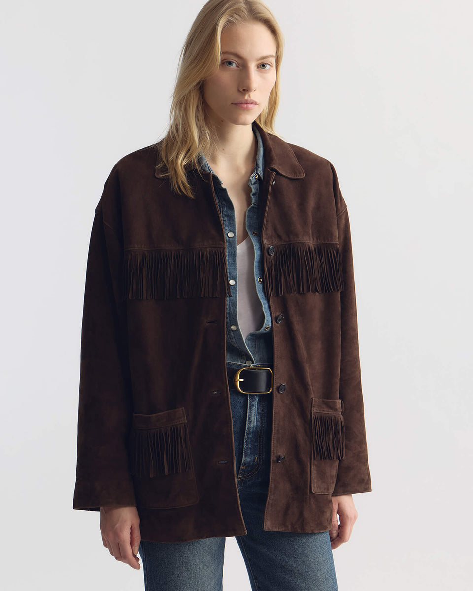 FOUDRE FRINGE SUEDE JACKET IN DARK BROWN