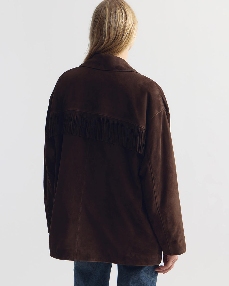FOUDRE FRINGE SUEDE JACKET IN DARK BROWN