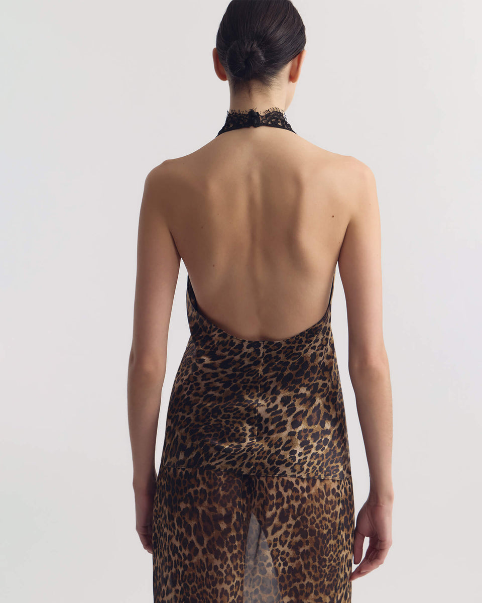 TEO LACE HALTERNECK SILK TOP IN VINTAGE LEOPARD PRINT