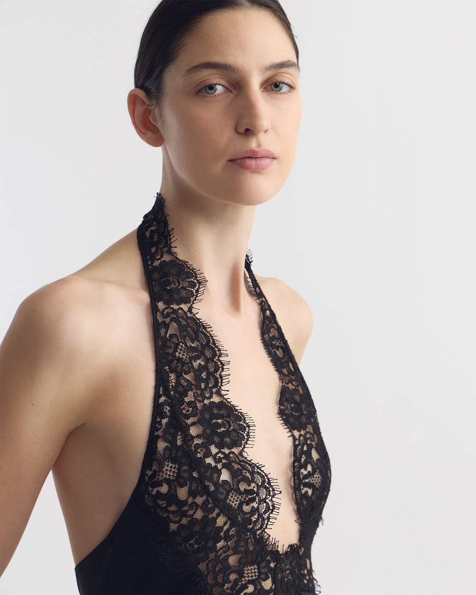 TEO LACE HALTERNECK SILK TOP IN BLACK