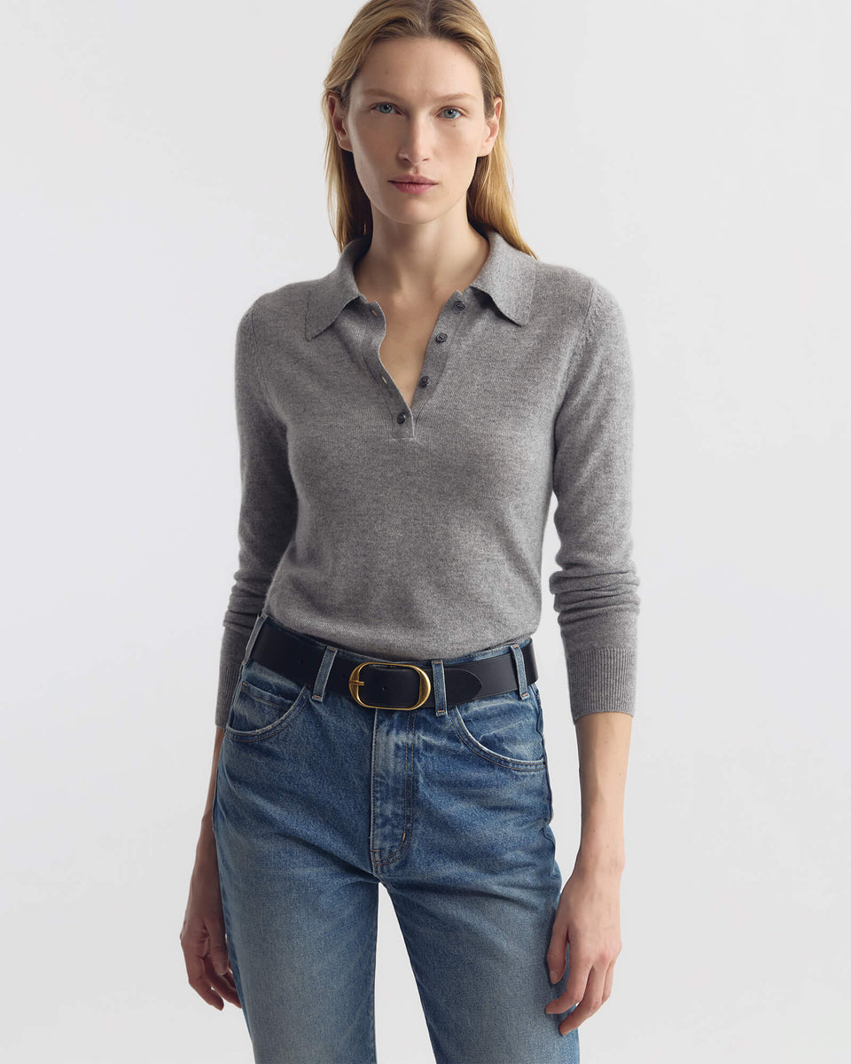 PRESCOTT SWEATER CASHMERE POLO IN HEATHER GREY