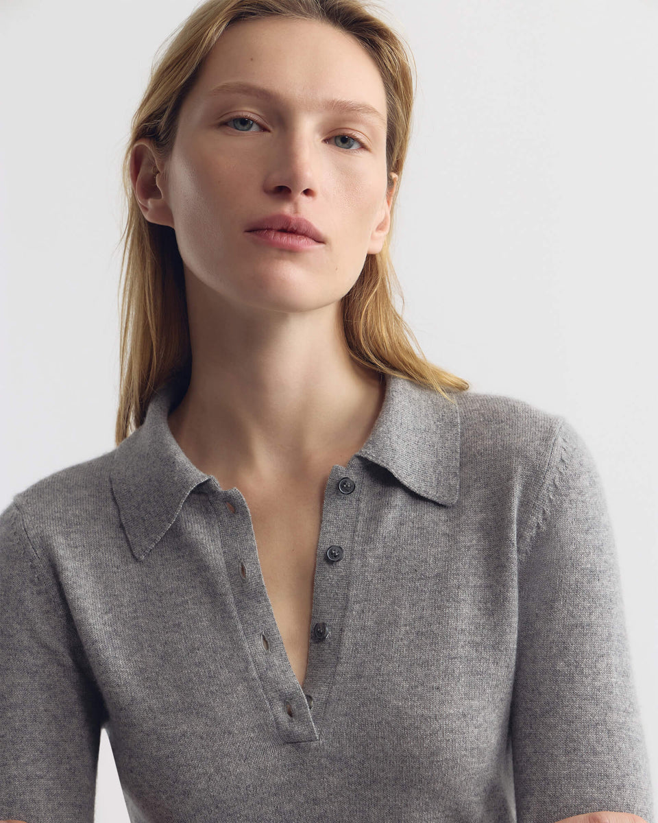 PRESCOTT SWEATER CASHMERE POLO IN HEATHER GREY