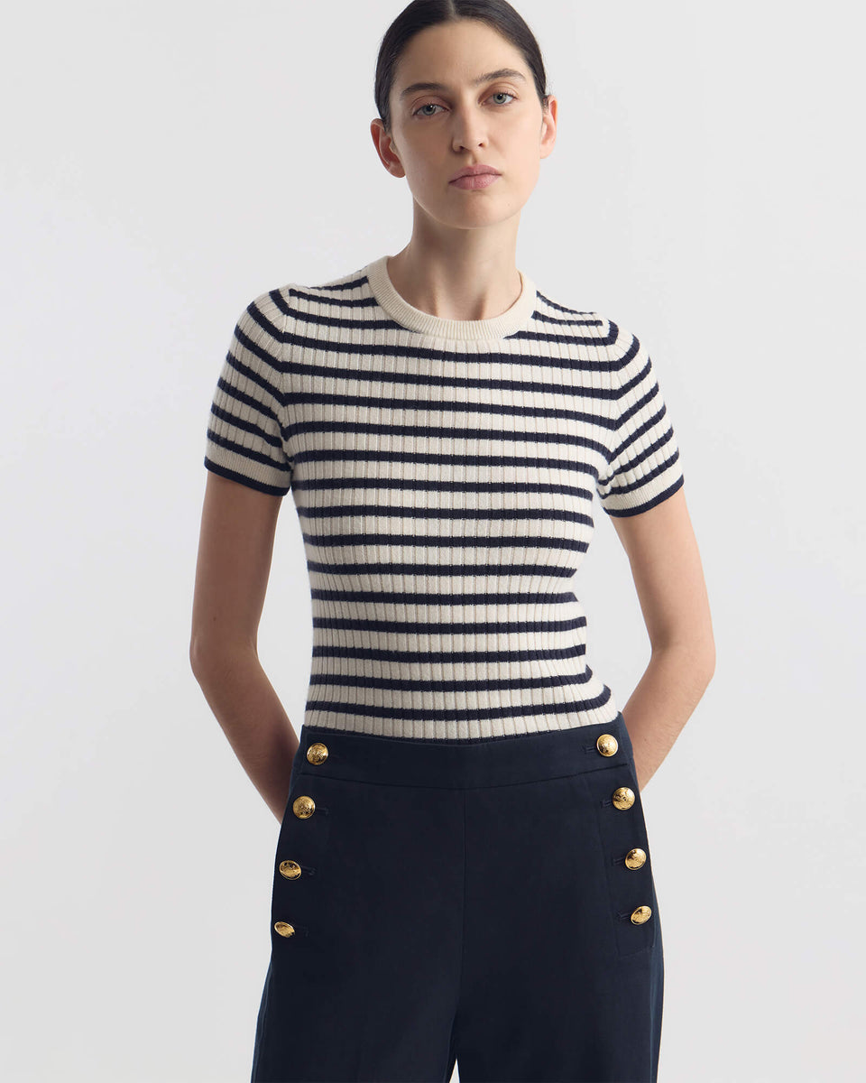 ALITA STRIPE CASHMERE SWEATER IN IVORY/DARK LAPIS STRIPE