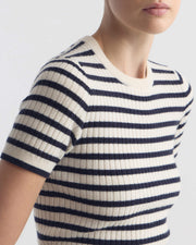 ALITA STRIPE CASHMERE SWEATER IN IVORY/DARK LAPIS STRIPE
