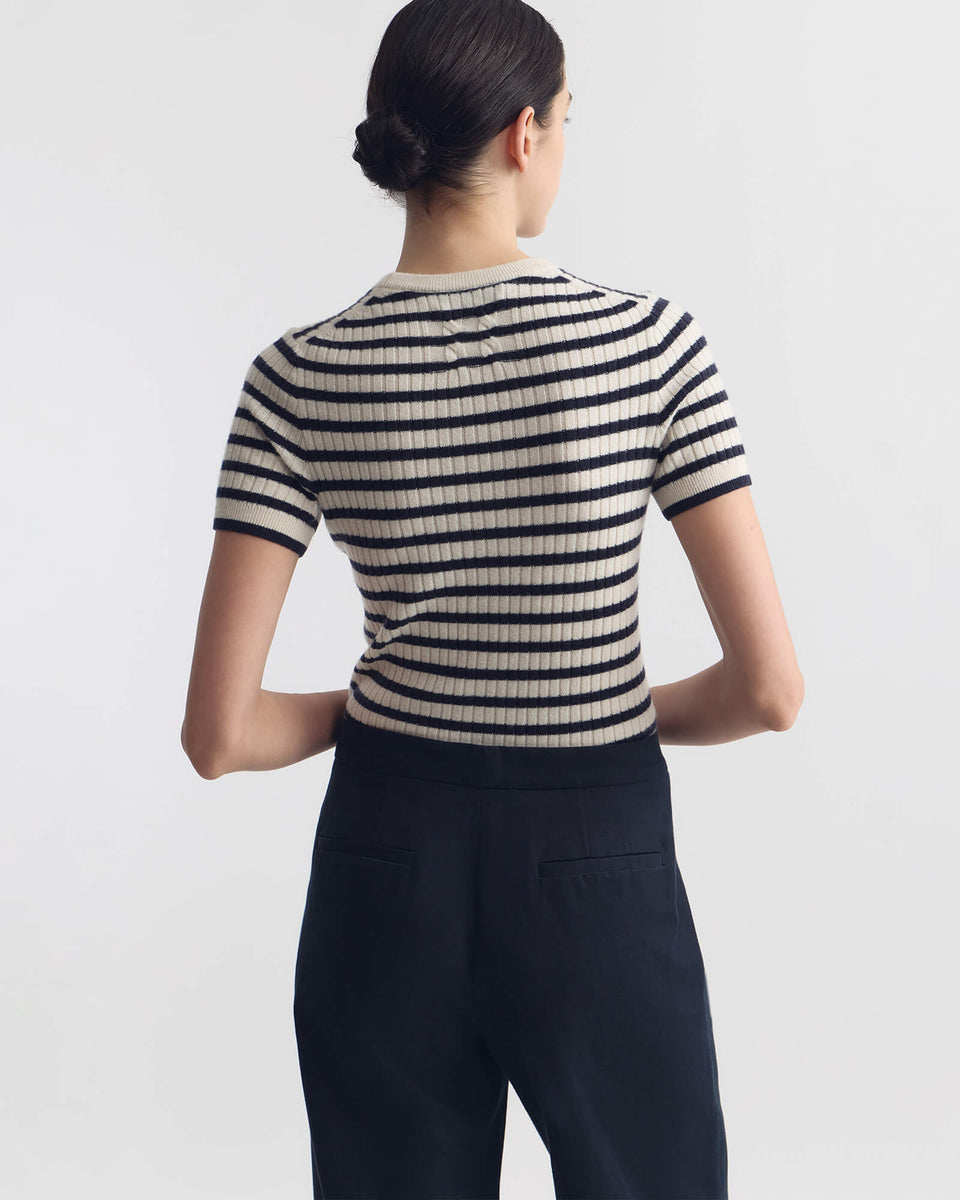 ALITA STRIPE CASHMERE SWEATER IN IVORY/DARK LAPIS STRIPE