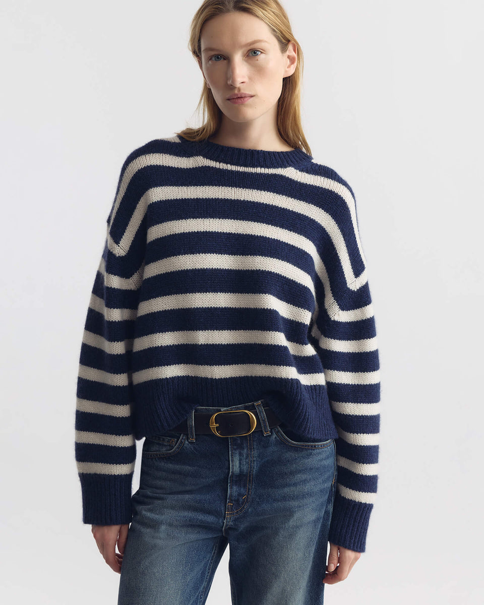 ANISA STRIPE CASHMERE SWEATER IN MARINE/IVORY STRIPE