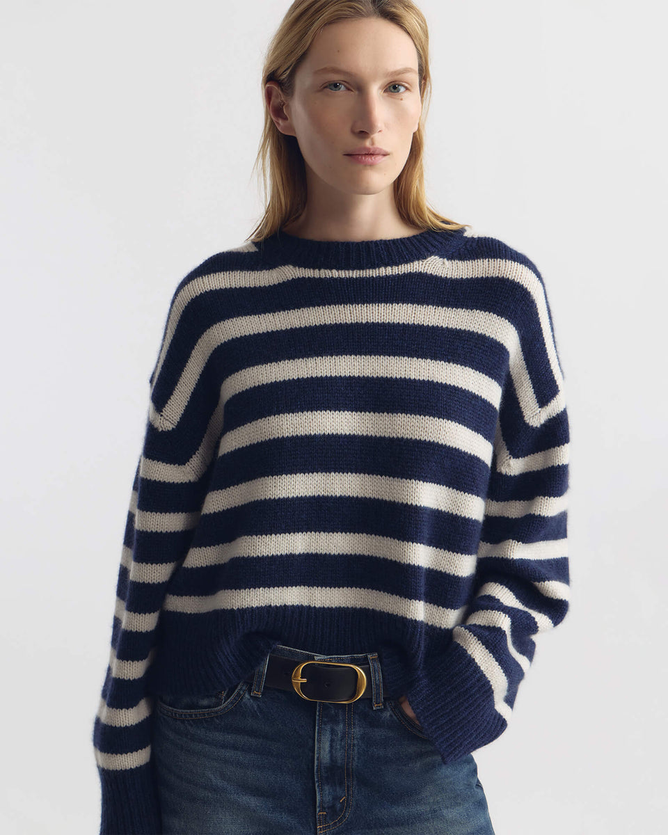 ANISA STRIPE CASHMERE SWEATER IN MARINE/IVORY STRIPE