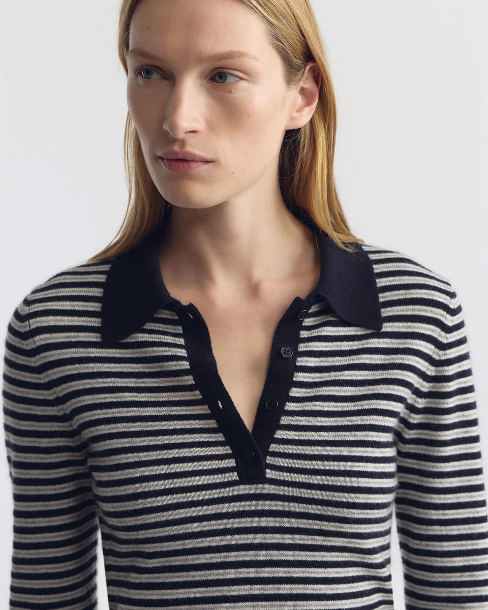 PRESCOTT STRIPE CASHMERE POLO IN DARK NAVY/GREY STRIPE