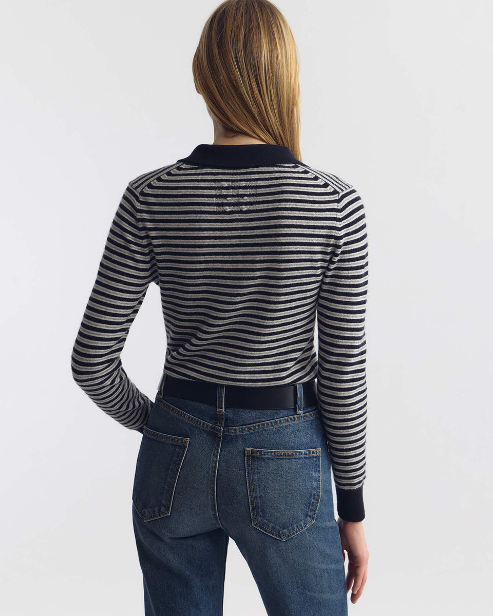 PRESCOTT STRIPE CASHMERE POLO IN DARK NAVY/GREY STRIPE